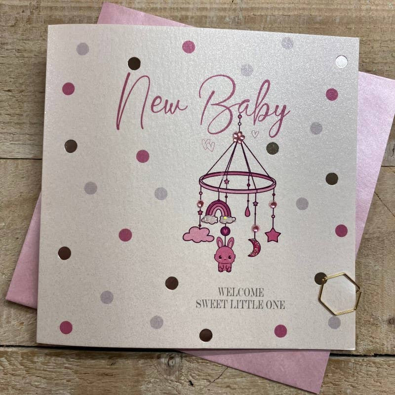 New Baby Card: Dotty New Baby Girl Mobile - Hand Finished Crystals & Glitter - White Cotton Cards