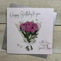 Birthday Card: Pretty Bouquet Peonies - Sparkles Crystals Hand Made - Pink - White Cotton Cards