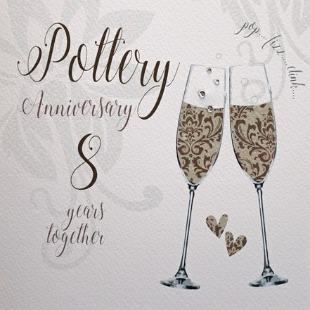 Anniversary Card: Pottery 8th Crystal Gems Champagne Flutes - White - White Cotton Cards
