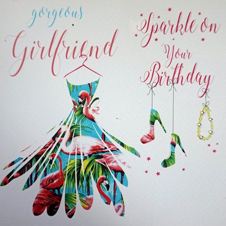 Girlfriend Card: Gorgeous Sparkle Flamingo Dress Glitter - Green & Pink