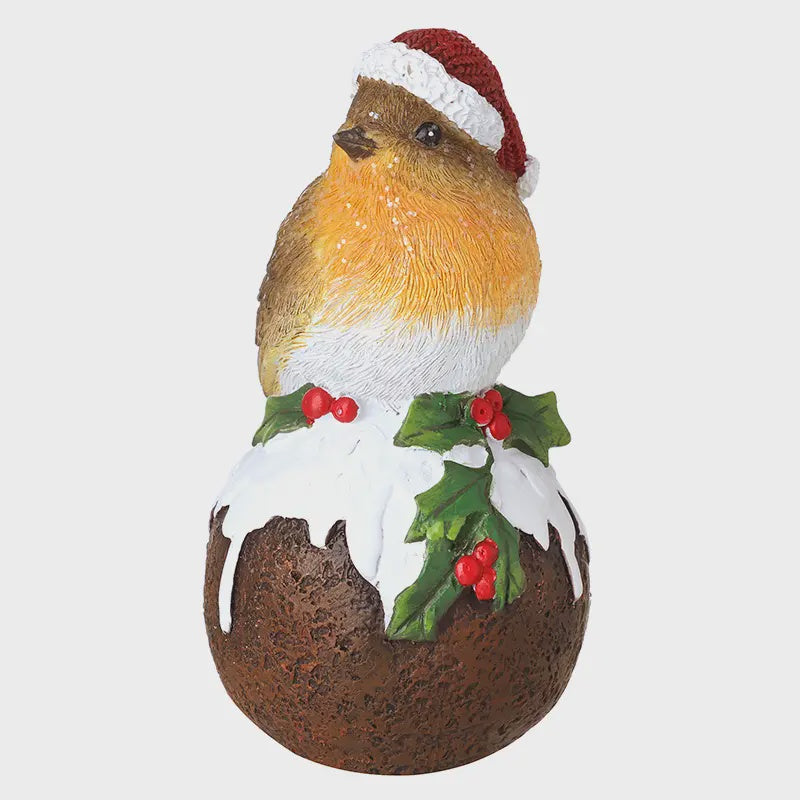 Christmas Ornament: Ceramic Robin Sitting On Xmas Pudding - Heaven Sends