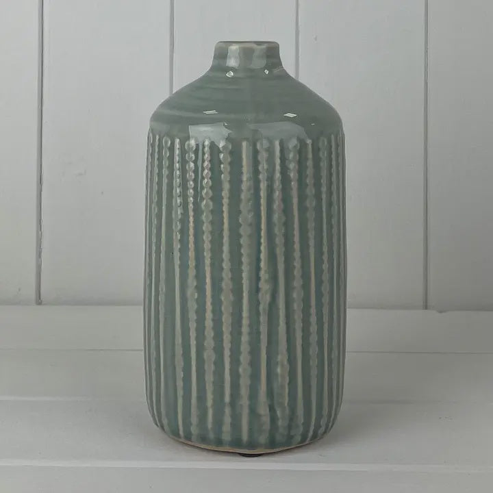 Vase: Ceramic Indented Vertical Pattern - Green
