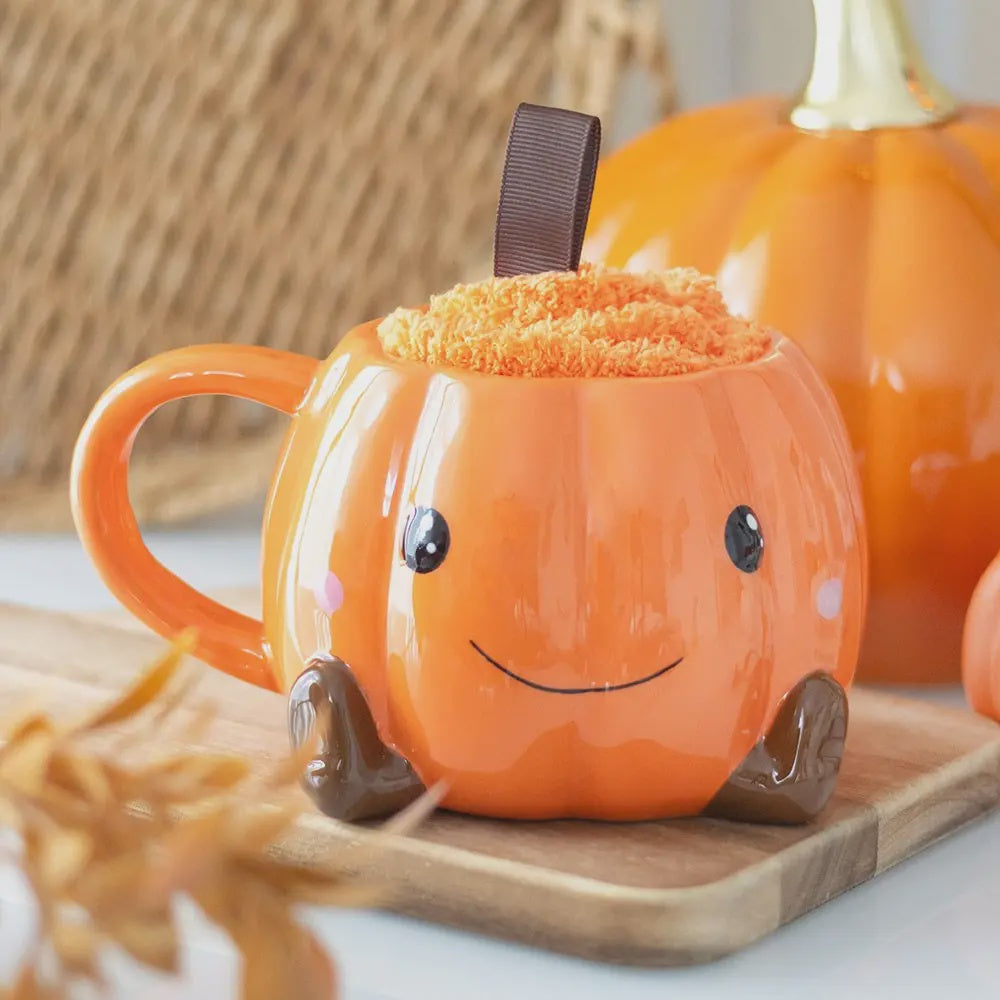 Autumnal Mug & Socks: Ceramic Pumpkin w Fluffy Socks - Orange - Something Different