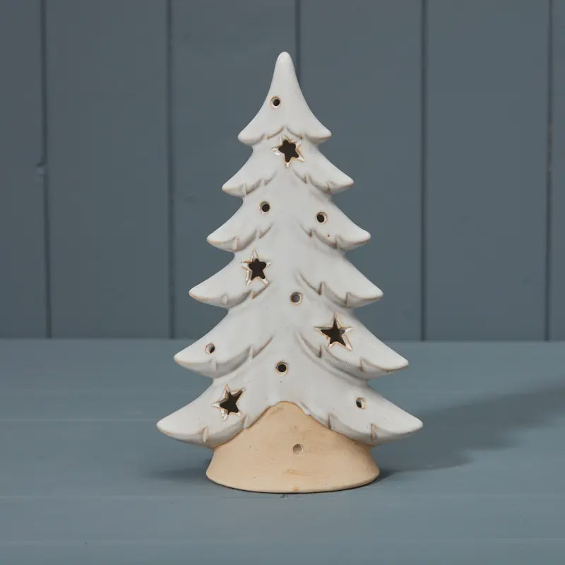 Christmas Candle Holder: Ceramic Xmas Tree Tealight - Beige & White