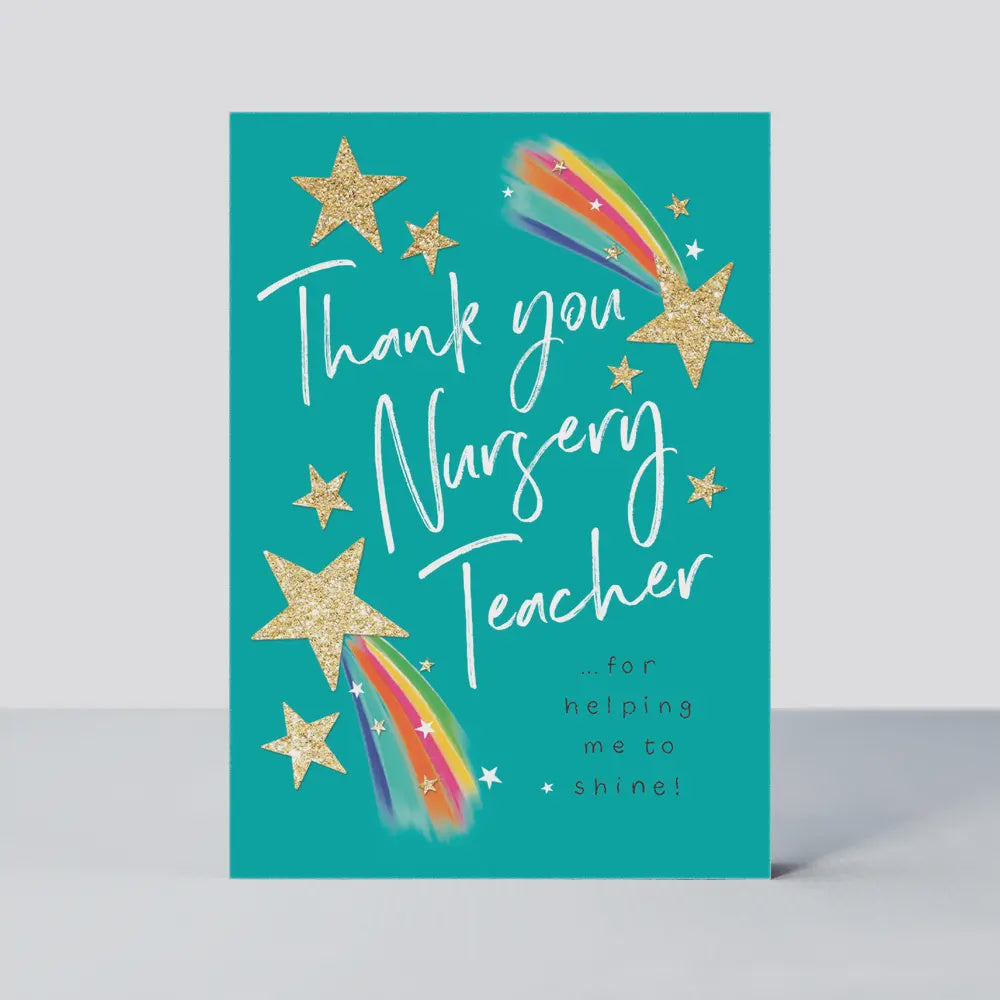 Thank You Nursery Teacher Card: Bright Shooting Stars- Green - Rachel Ellen