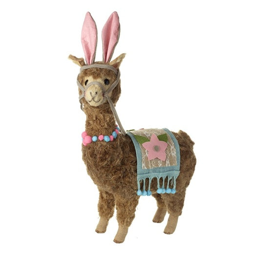 Easter Character Decoration: Fabric Llama w Bunny Ears BRIGHT & COLOURFUL- Blue & Natural