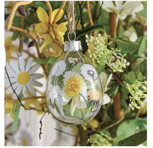 Easter Hanging Dec: Glass Egg Dandelion & Bee - Yellow & Clear - Gisela Graham