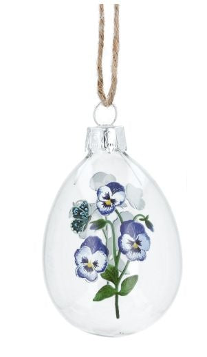 Easter Hanging Dec: Glass Egg Pansy - Blue & Clear - Gisela Graham