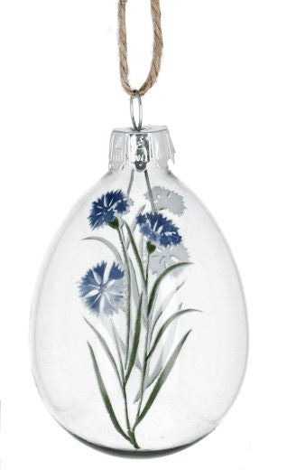 Easter Hanging Dec: Glass Egg Primavera Flower - Blue & Clear - Gisela Graham