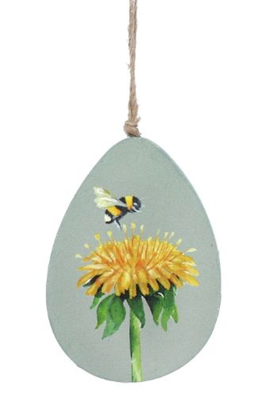 Easter Hanging Dec: Wood Egg Flat Dandelion & Bee - Sage Green - Gisela Graham