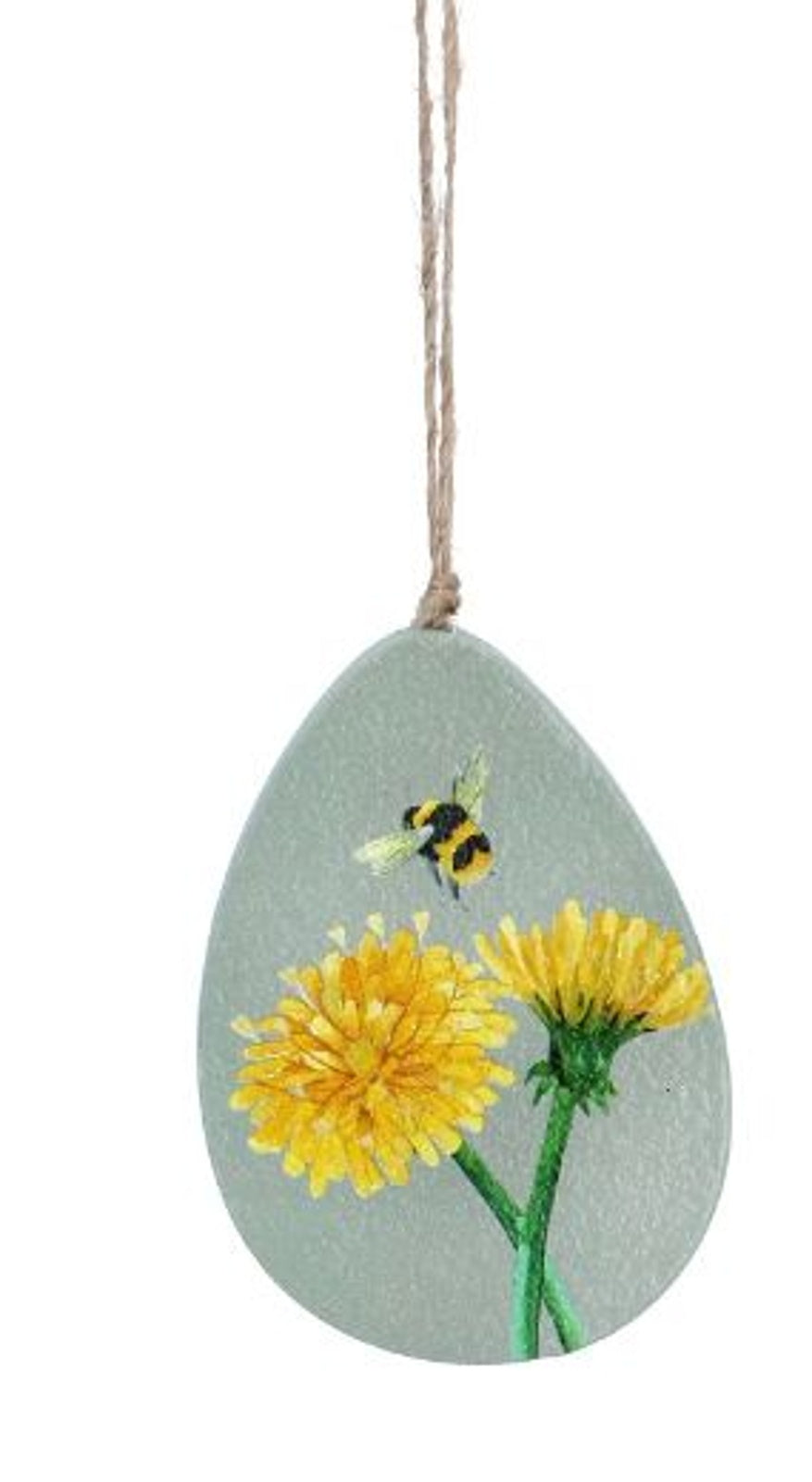 Easter Hanging Dec: Wood Egg Flat Dandelion Double & Bee - Sage Green - Gisela Graham