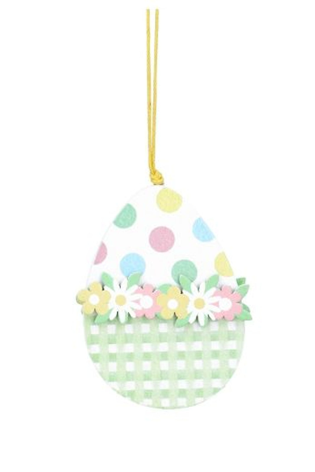 Easter Hanging Dec: Wood Flat Egg Gingham Flowers - Green - Gisela Graham