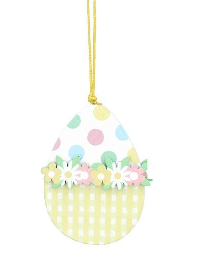 Easter Hanging Dec: Wood Flat Egg Gingham Flowers - Yellow - Gisela Graham