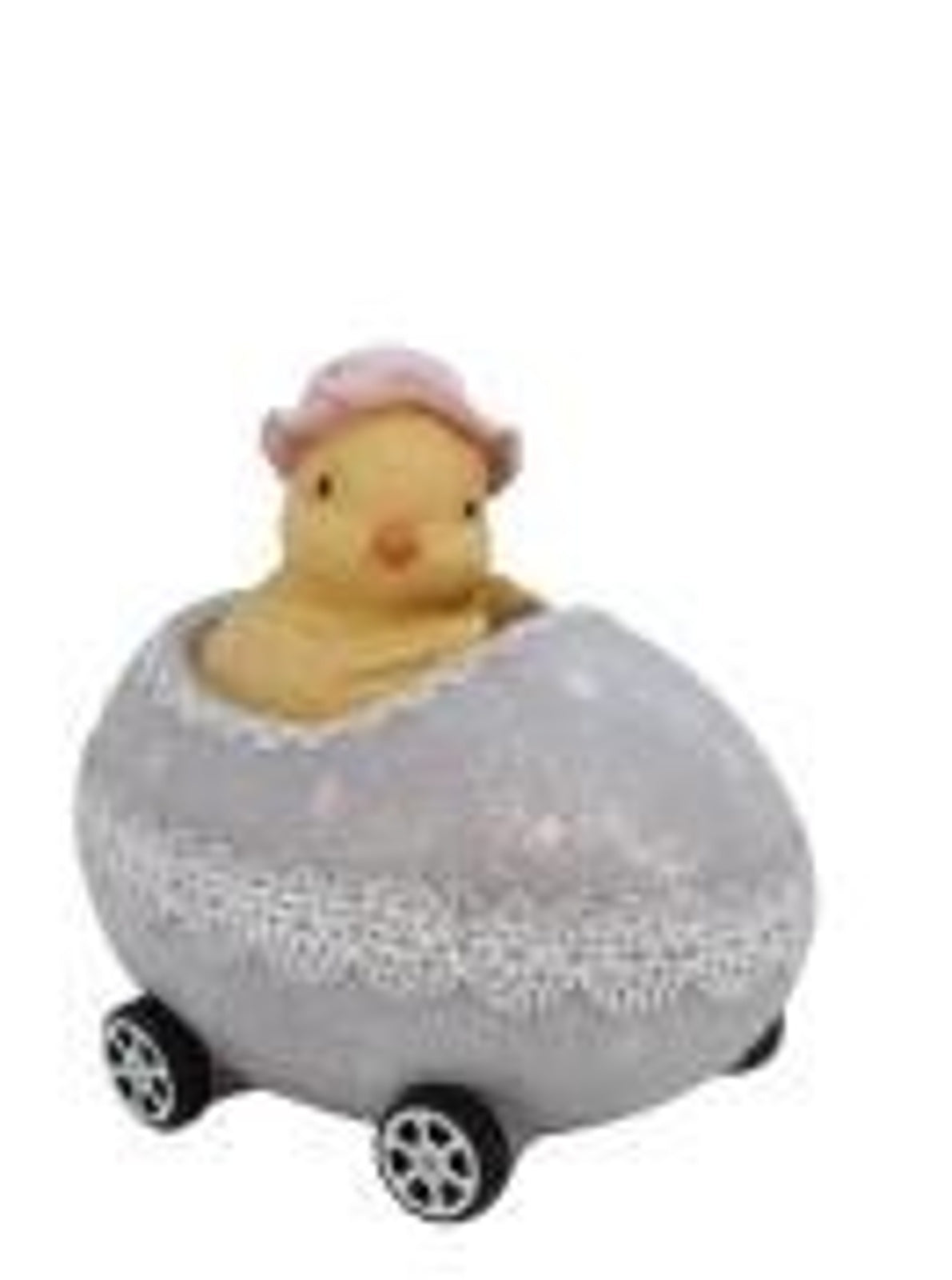 Easter Money Box: Resin Egg Car Money Box Chick riding Egg - Grey - Gisela Graham