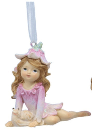 Easter Tree Decoration: Resin Sitting Flower Fairy Snail PERFECT PASTELS - Pink  - Gisela Graham