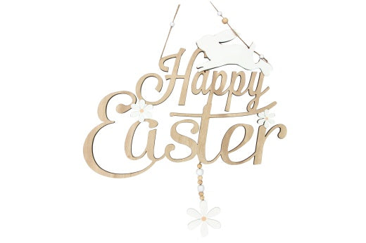 Easter Wall Dec: Hanging Plaque Happy Easter White Bunny - Flower - Gisela Graham