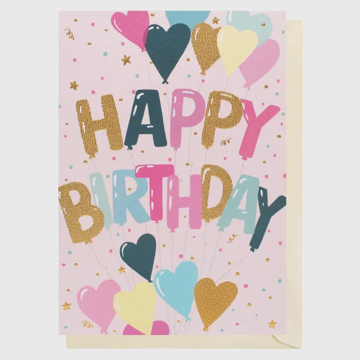 Birthday Card:  Birthday Balloons Heart GOLD FOIL - Louise Tiler