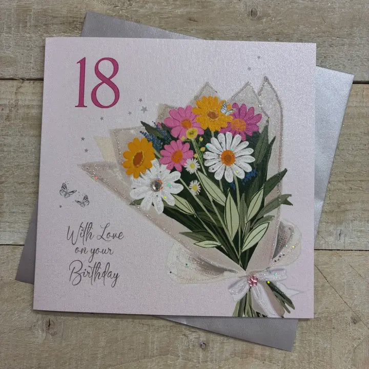 Age 18th Card: Bouquet Of Flowers Hand Finished Crystals & Glitter - Pink - White Cotton Cards