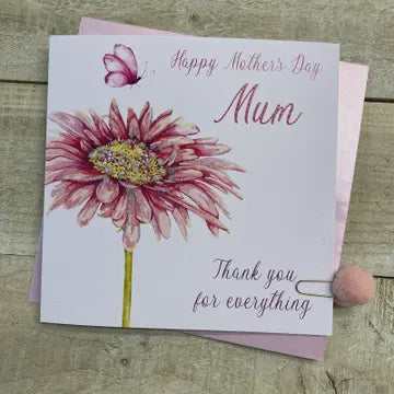 Mothers Day Card: Mum Gerbera And Butterfly Hand Finished Crystals & Glitter - Pink - White Cotton Cards