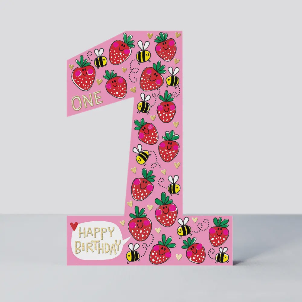 Childrens Age 1st  Card: GIRL Strawberries  Happy Birthday- Pink - Rachel Ellen
