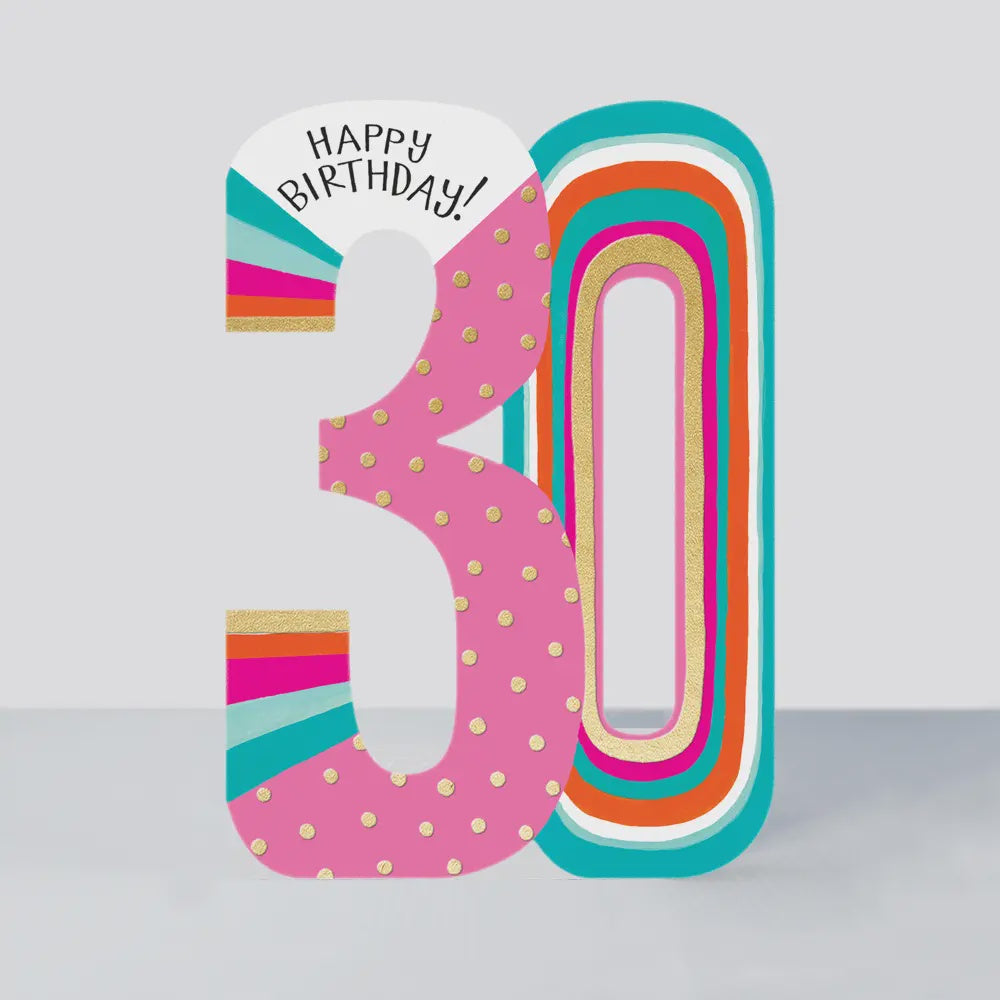 Age 30th Card: GIRL Bright Pink Hearts & Stripes - Multicoloured - Rachel Ellen