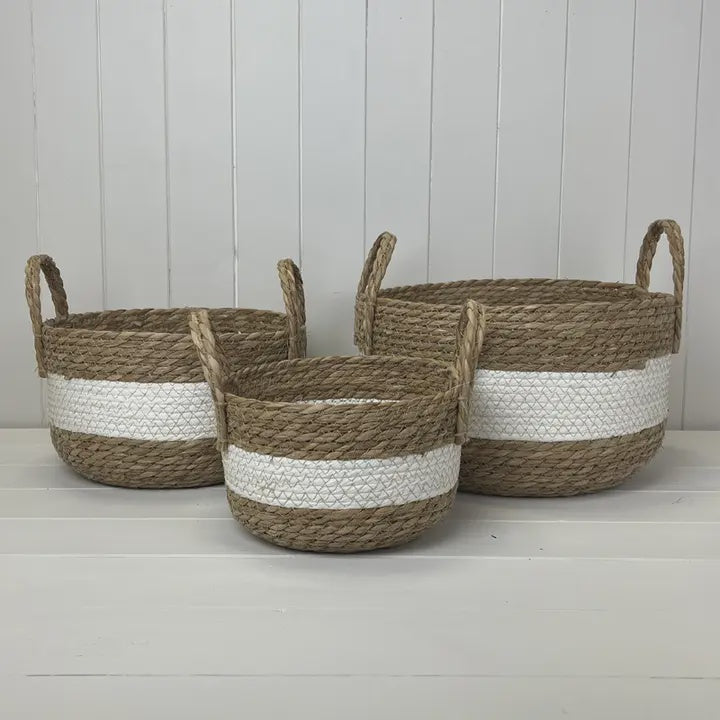 Basket: Seagrass Straw Round Handles Stripes - Natural & White