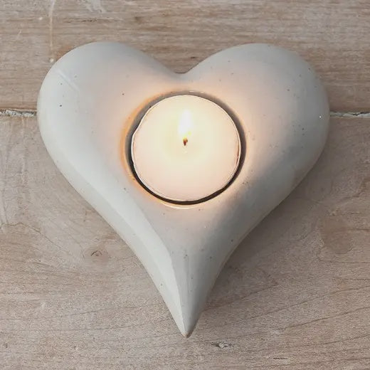 Candle Holder: Ceramic Natural Heart T-Light - White