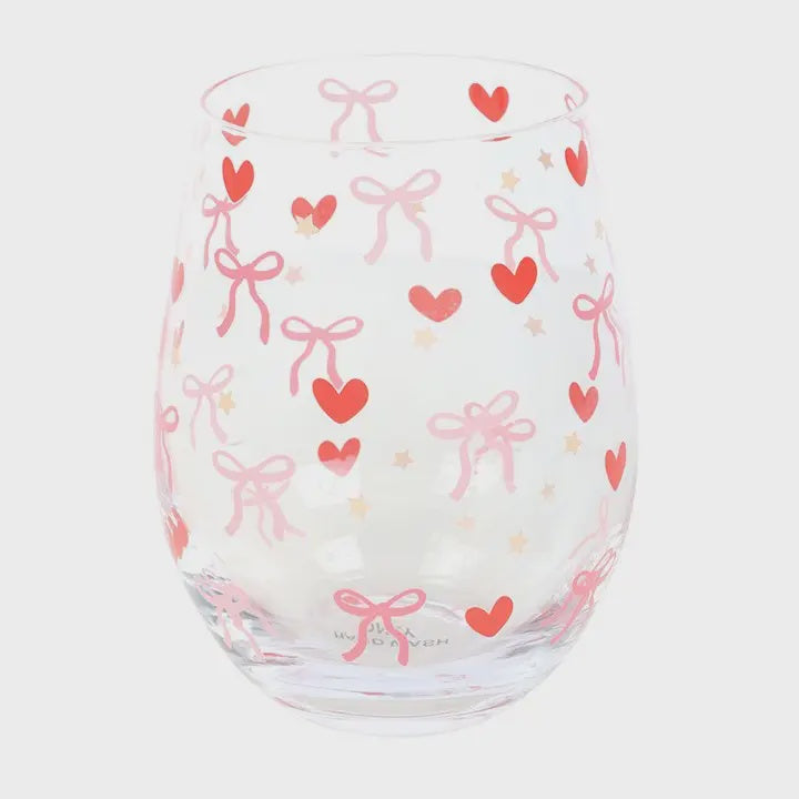 Stemless Wine Glass: Valentine Bow And Heart - Red - Something different