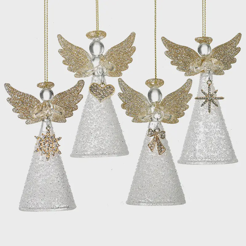 Christmas Tree Decoration: Glass Angel Glitter Skirt  And Wings - Clear & Gold - Heaven Sends