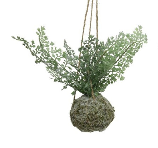 Faux Plant: Hanging Frosted Fern Moss Ball Flat Leaf - Green