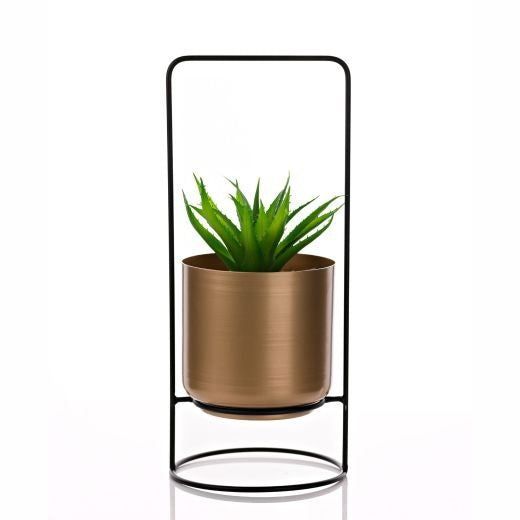 Faux Plant in Planter: Metal on Black Stand 35CM - Gold