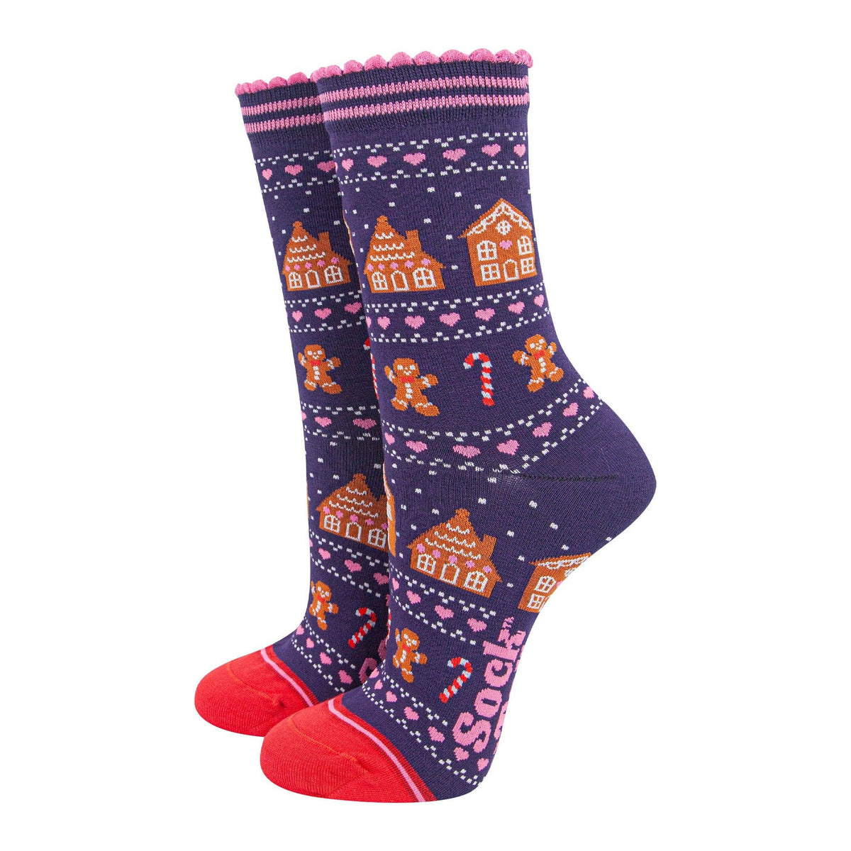 Ladies Socks:  Bamboo Gingerbread Fair Isle - Navy Blue/Red - Sock Talk
