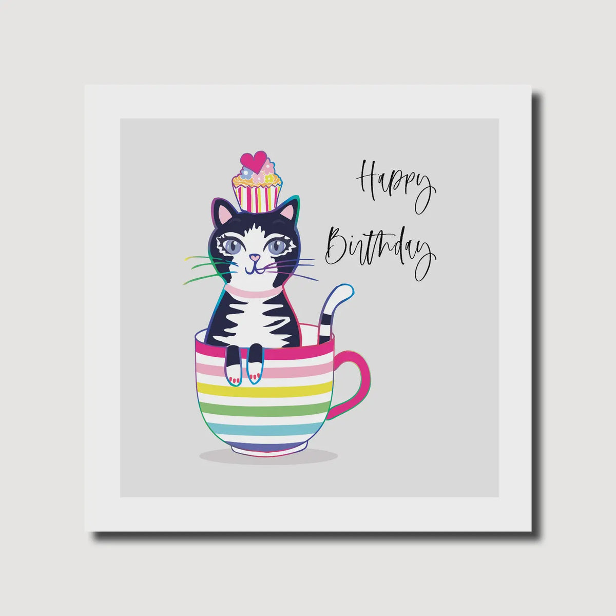 Birthday Card: Cat Tea Cup- Colourful - Marina B