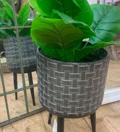 Floor Planter: Metal Basketweave Pot Cover Legs Small - Galvanized Grey - Gisela Graham