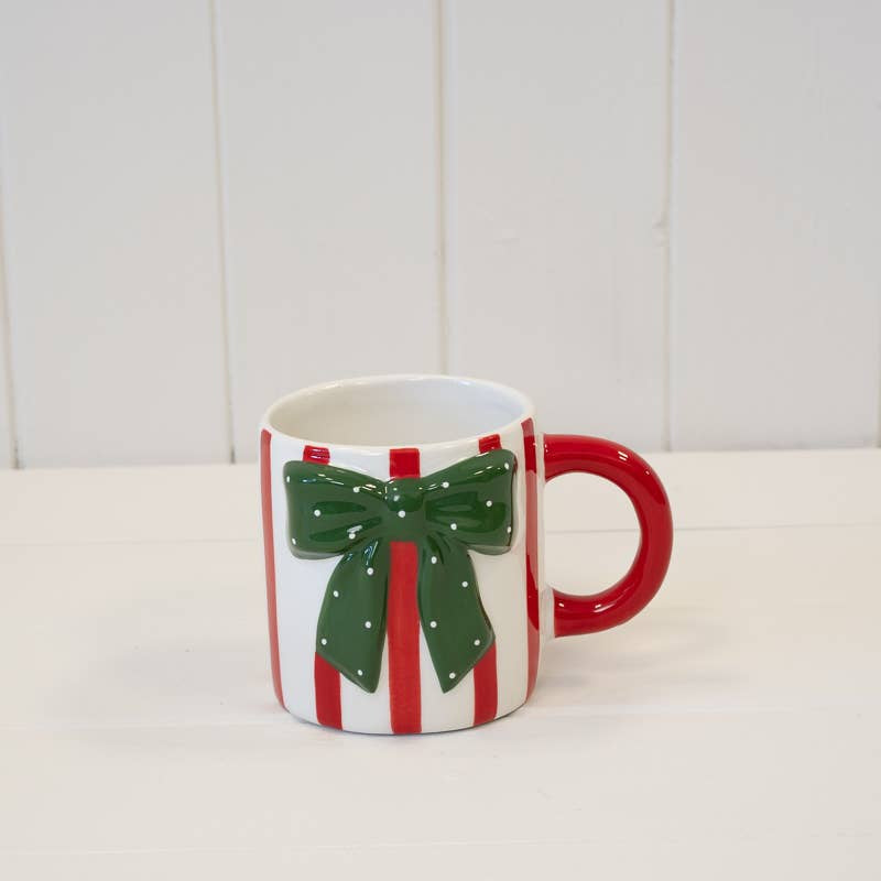 Christmas Mug: Ceramic Striped With Bow - White & Red - Satchville Gift Co