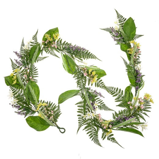 Garland: Long Country Bloom Tiny Flowers Fern Leaves - Green