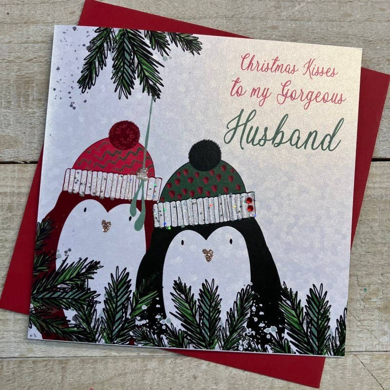Christmas Card: Gorgeous Husband Cute Penguins - Hand Decorated- White Cotton Cards