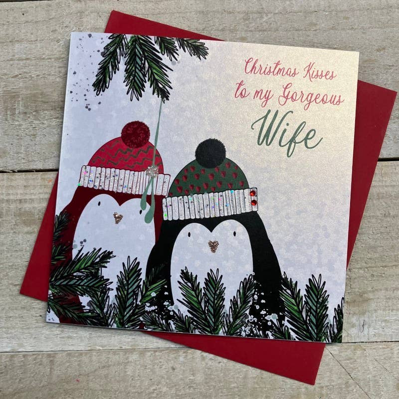 Christmas Card: Gorgeous Wife Cute Penguins - Hand Decorated- White Cotton Cards