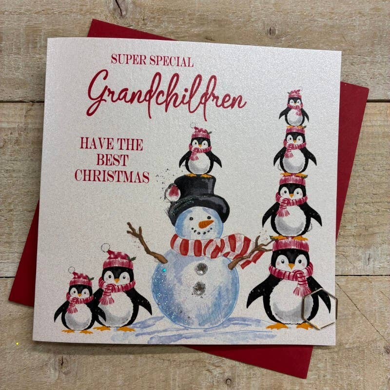 Christmas Card: Grandchildren Cute Penguins And Snowmen - Hand Decorated- White Cotton Cards