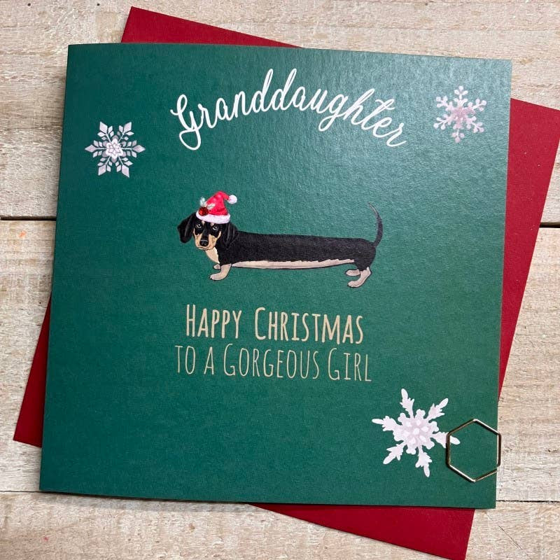 Christmas Card: Granddaughter Happy Christmas - Sausage Dog  - Hand Decorated- White Cotton Cards