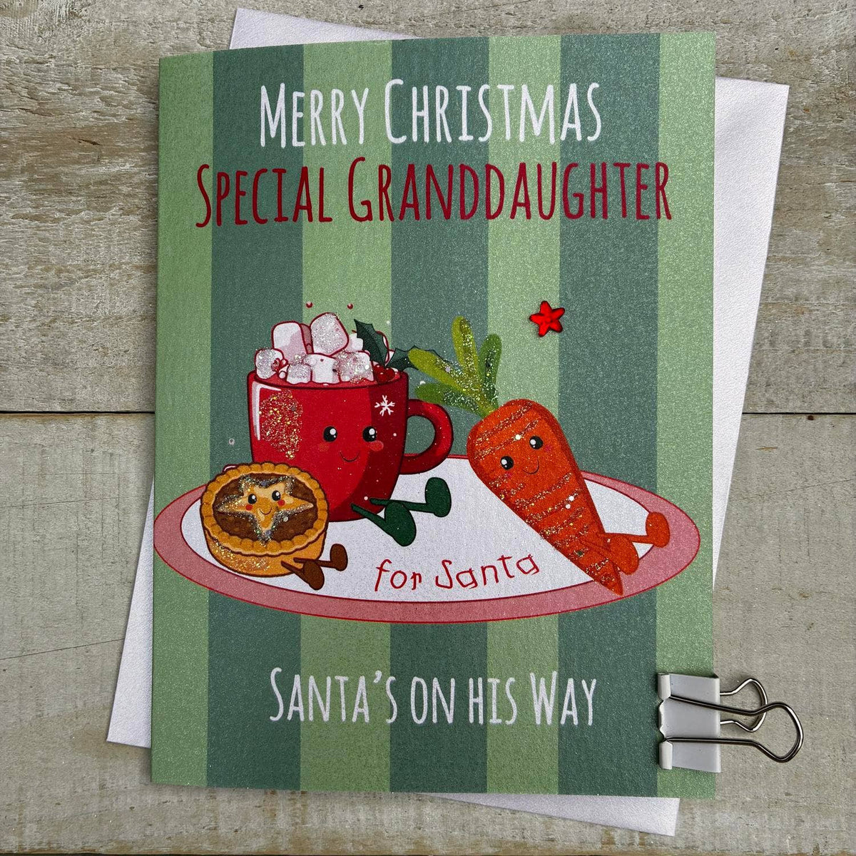 Christmas Card: Merry Christmas Granddaughter - Santa's Plate  - DOODLEBUG - White Cotton Cards