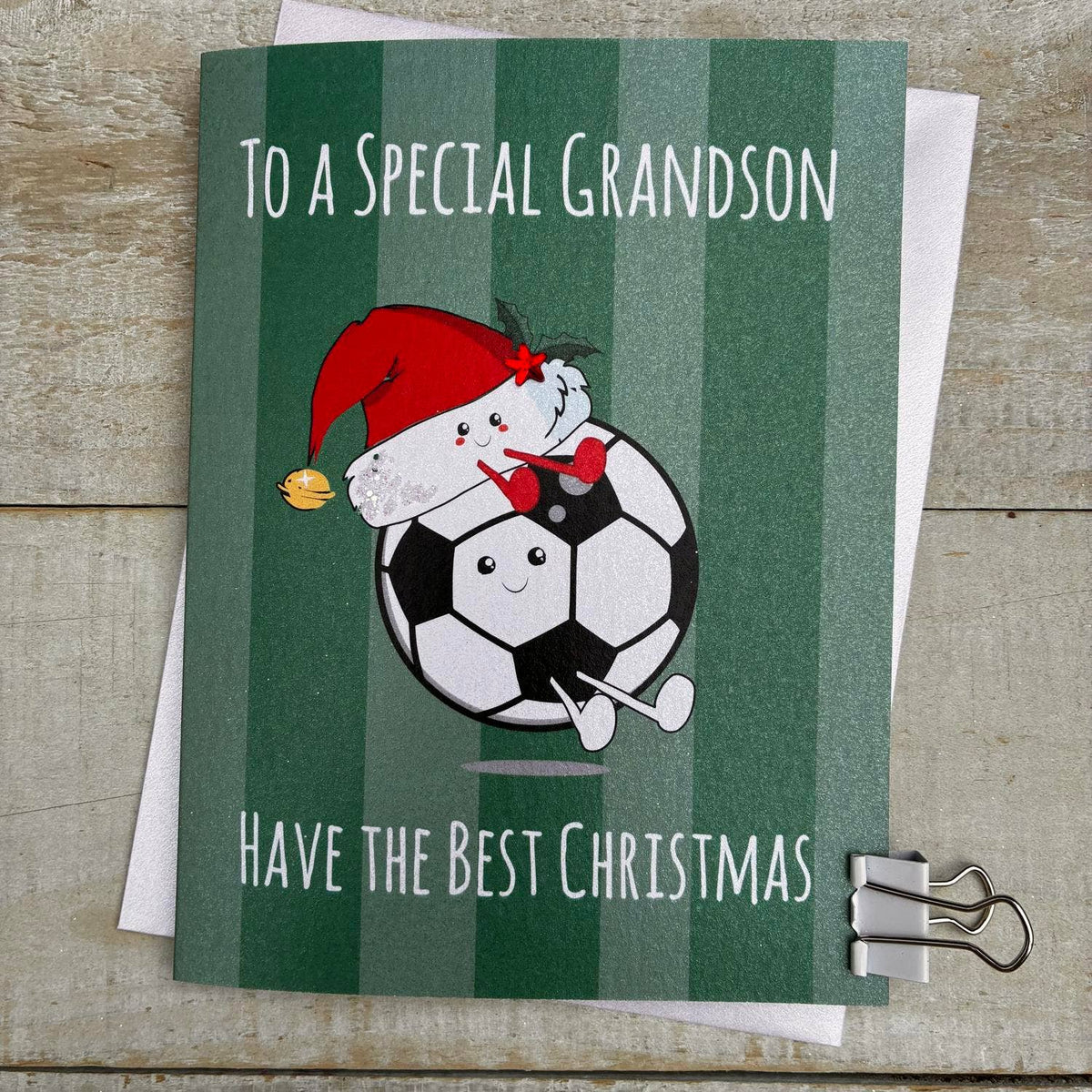 Christmas Card: To A Special Grandson - Football Santa Hat- DOODLEBUG - White Cotton Cards