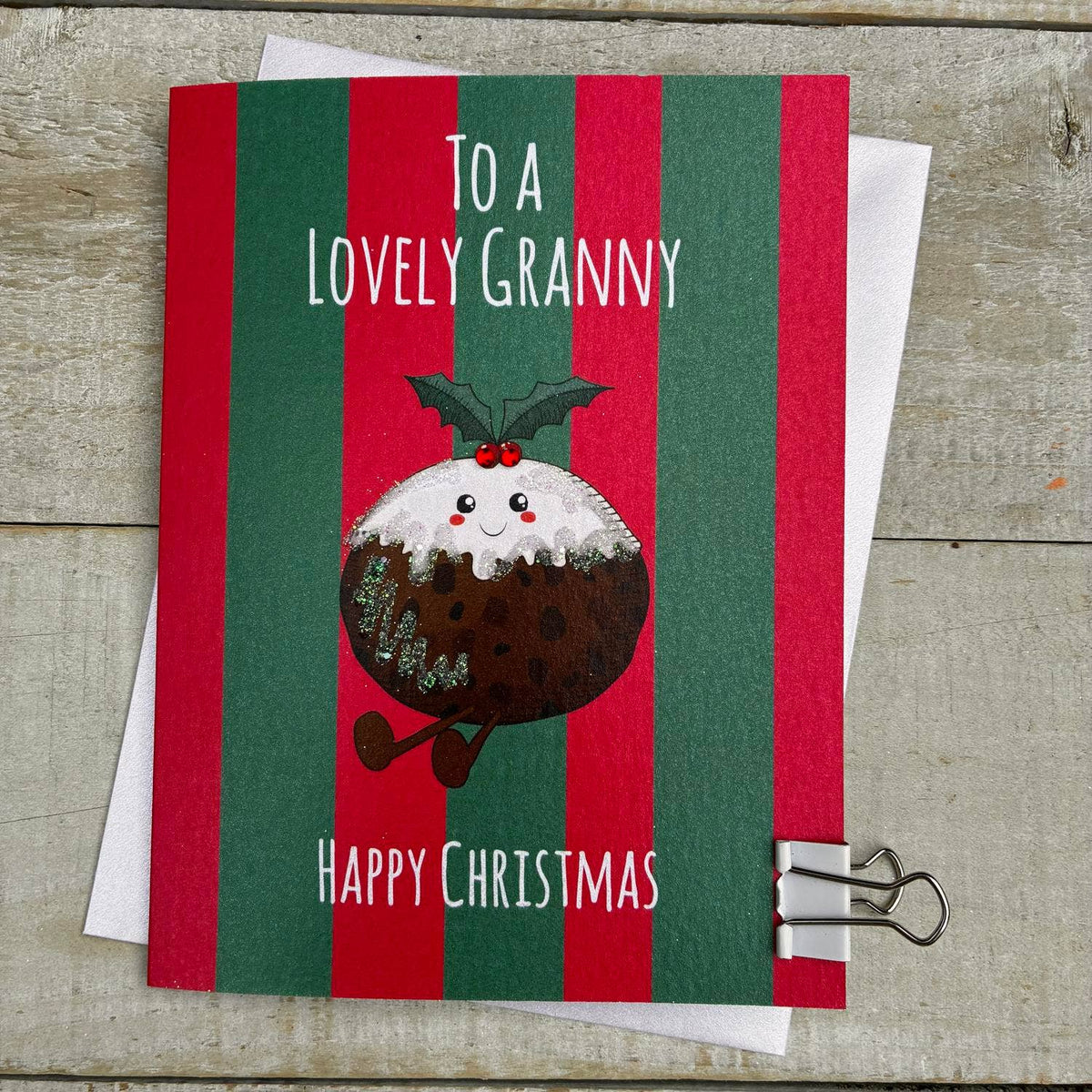 Christmas Card: To A Lovey Granny  Merry Christmas Figgy Pudding - DOODLEBUG - White Cotton Cards