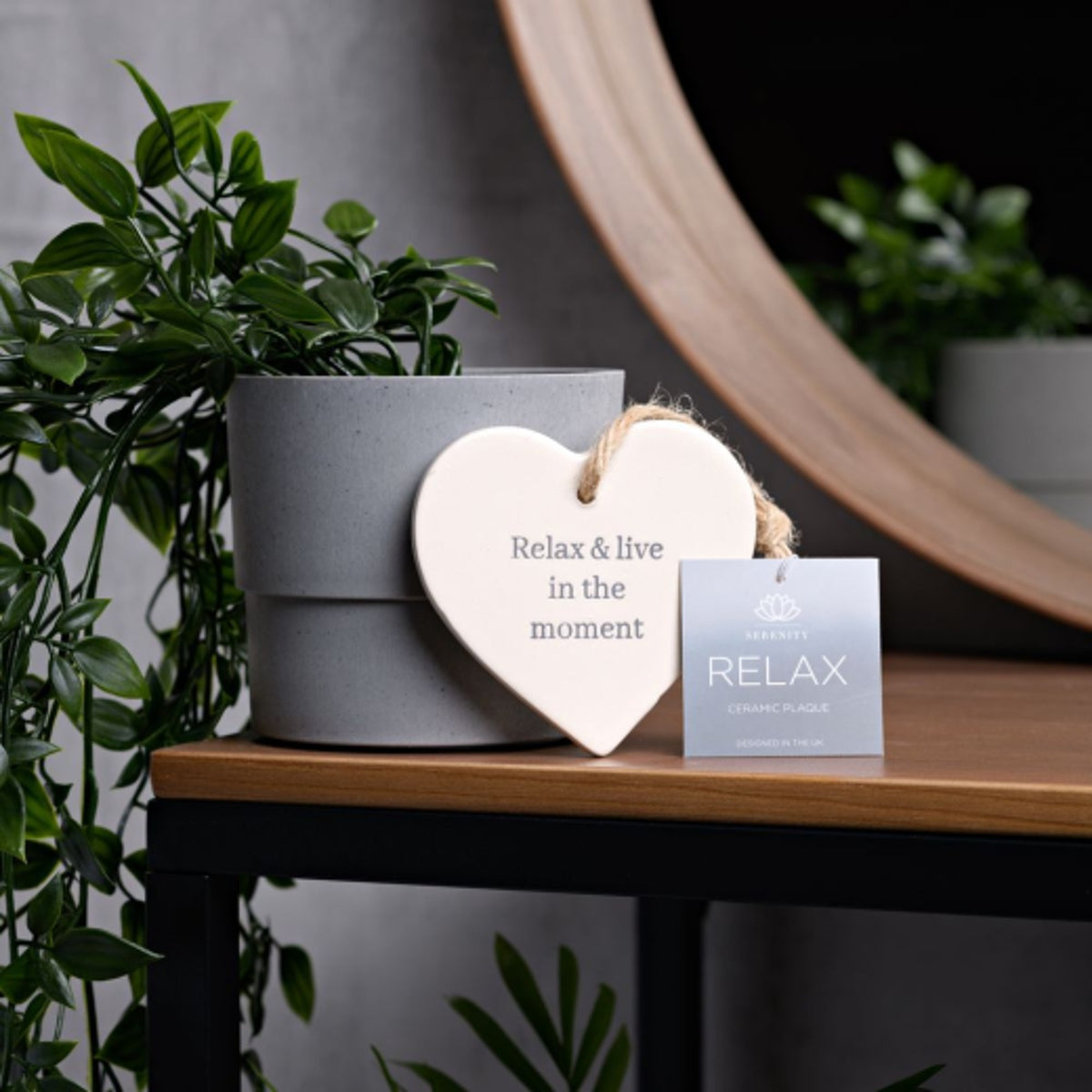 Hanging Dec: Ceramic Handmade Heart Serenity Relax & Live in the Moment - White