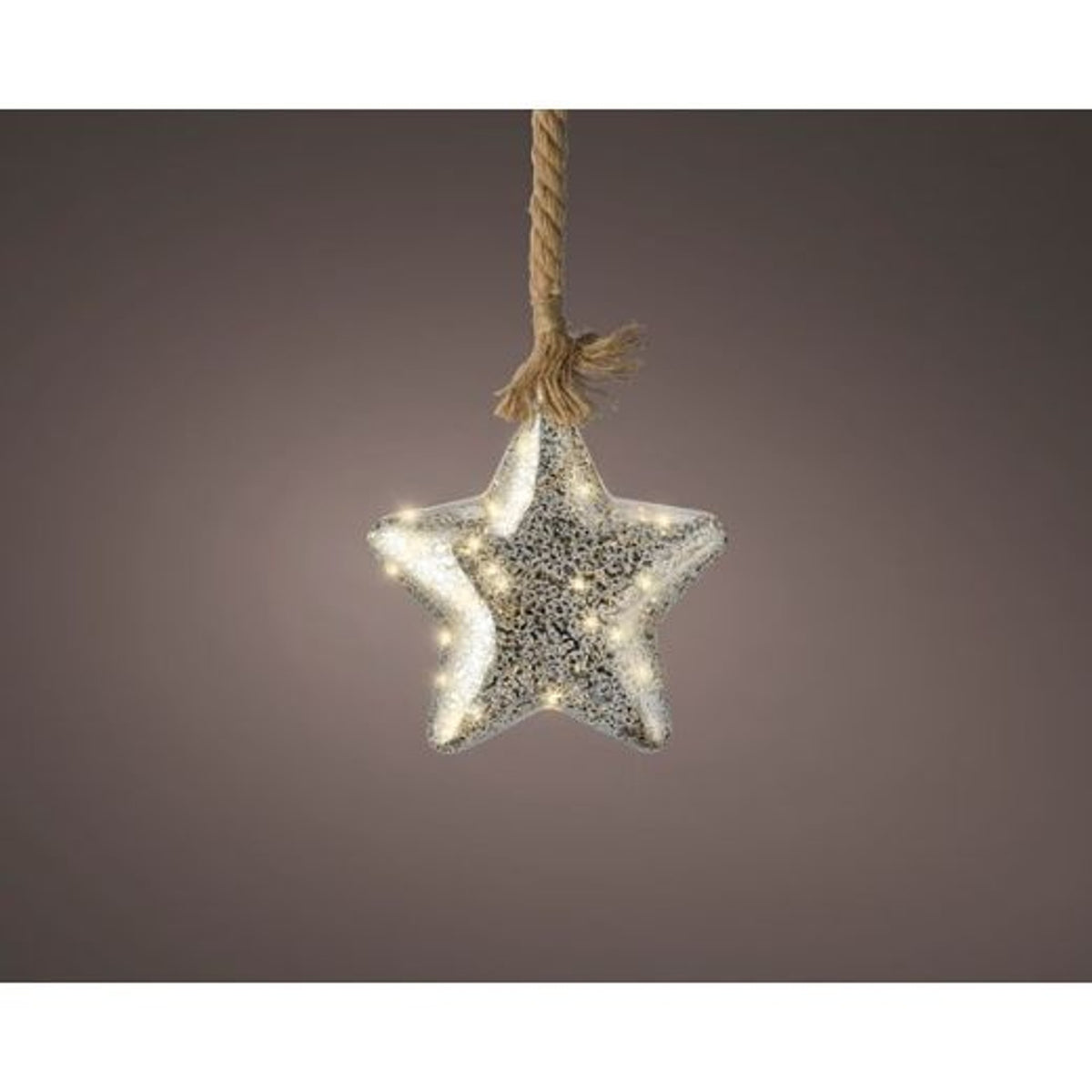 Hanging LED Dec: Glass Rope Large 20cm Crackle Star Warm White Micro LED - Silver