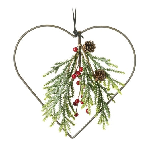 Hanging Wreath: Wire Small Heart Faux Leaves Pinecone Berries - Green