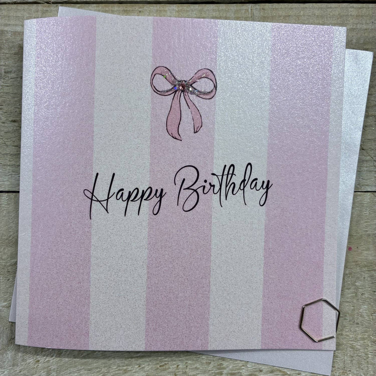 Birthday Card: Happy Birthday Striped Pink Bow - Hand Finished Crystals & Glitter - White Cotton Cards