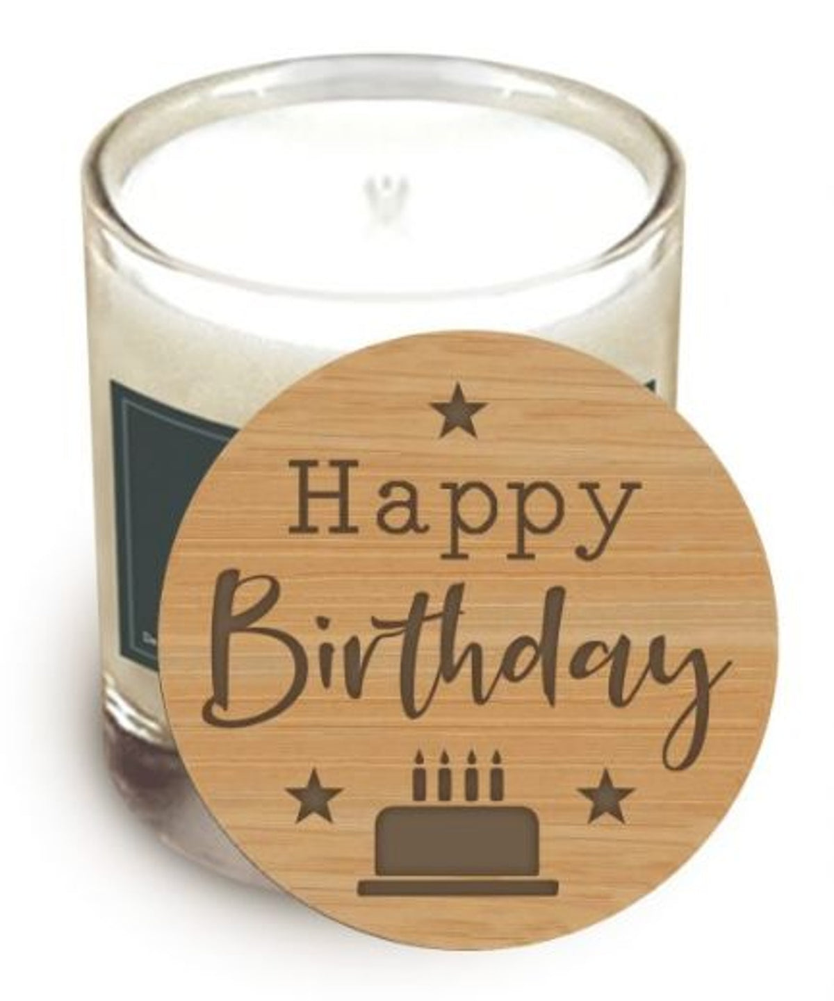 Candle Lid: Wood Engraved Message - Happy Birthday