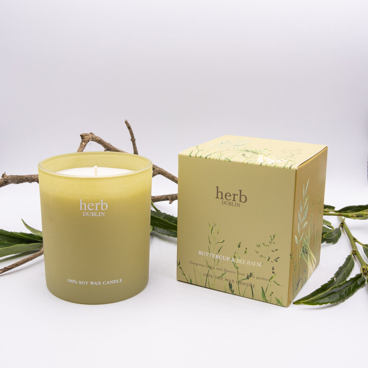 Candle: Scented Coloured Glass Box BUTTERCUP   BEE BALM - Yellow - Herb Dublin