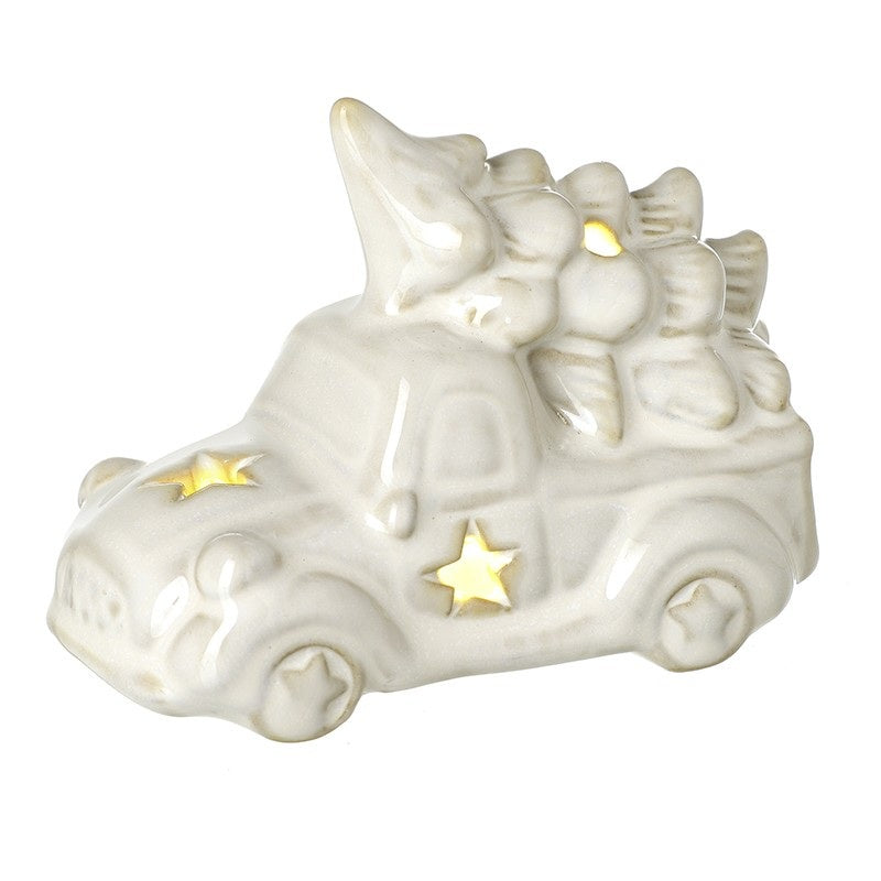 Christmas Ornament: Ceramic Light Up Car With Xmas Tree - White - Heaven Sends